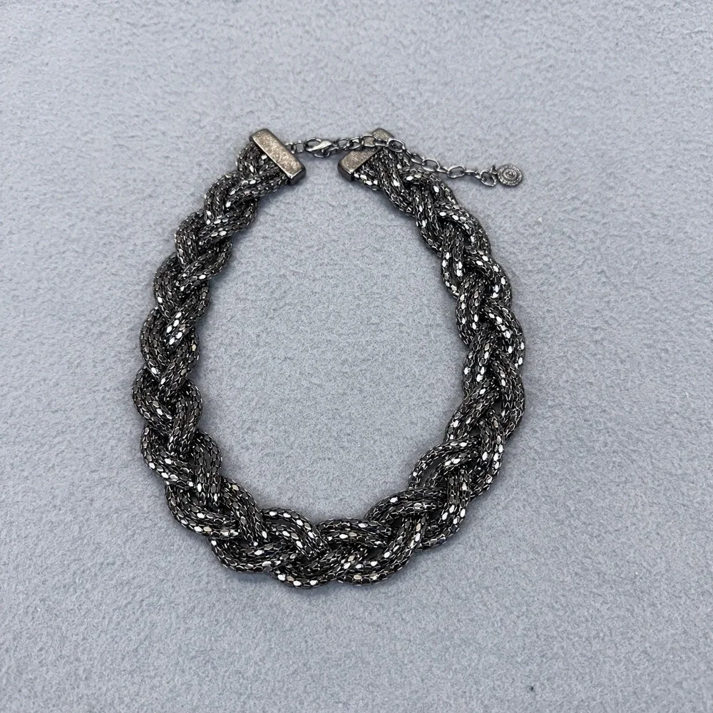 R‎ J Graziano Braided Gunmetal Tone Statement Necklace Chunky Chain Bib Fashion